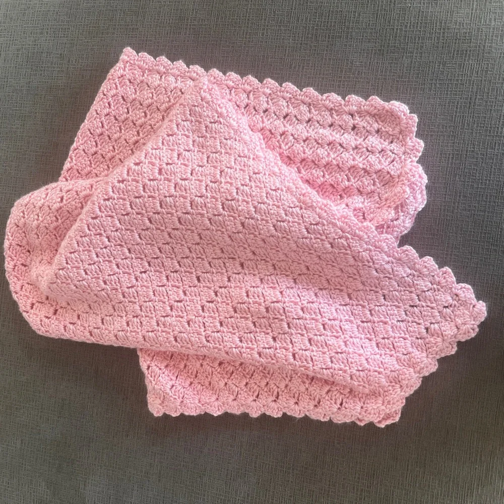 Handmade Pink Crochet Baby Blanket Shell Stitch Scalloped Edge Nursery Wrap